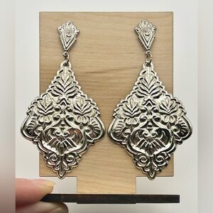 Large Victorian Revival Embossed Silver Tone Earrings with Ornate Scroll Design